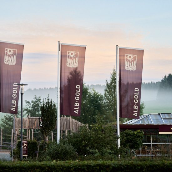 Unternehmensfoto und Außenansicht mit Fahnen von einem Firmengebäude in Baden-Württemberg